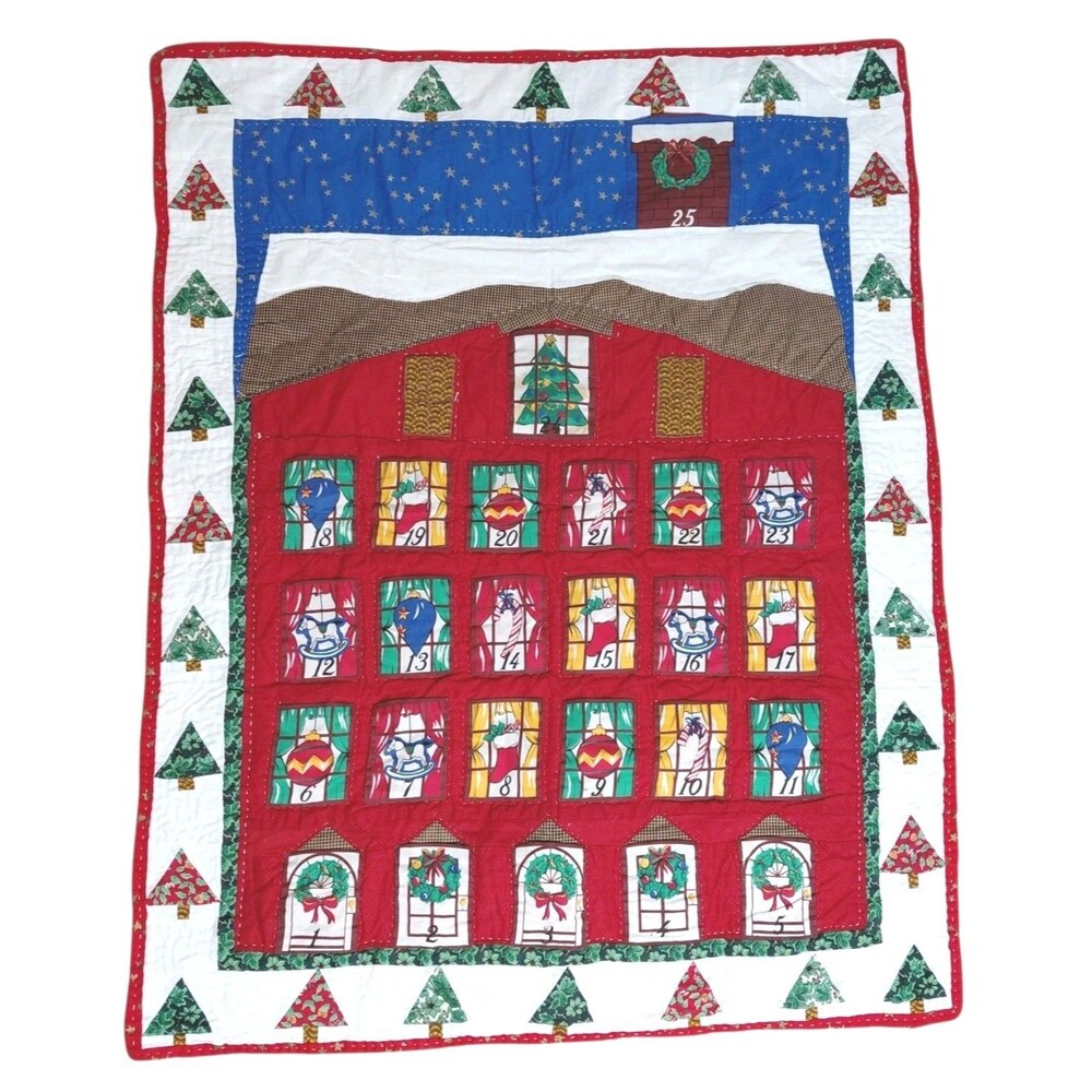 Handmade Quilted Advent Calendar Christmas Wall Hanging Pocket House 35.5x29.5"